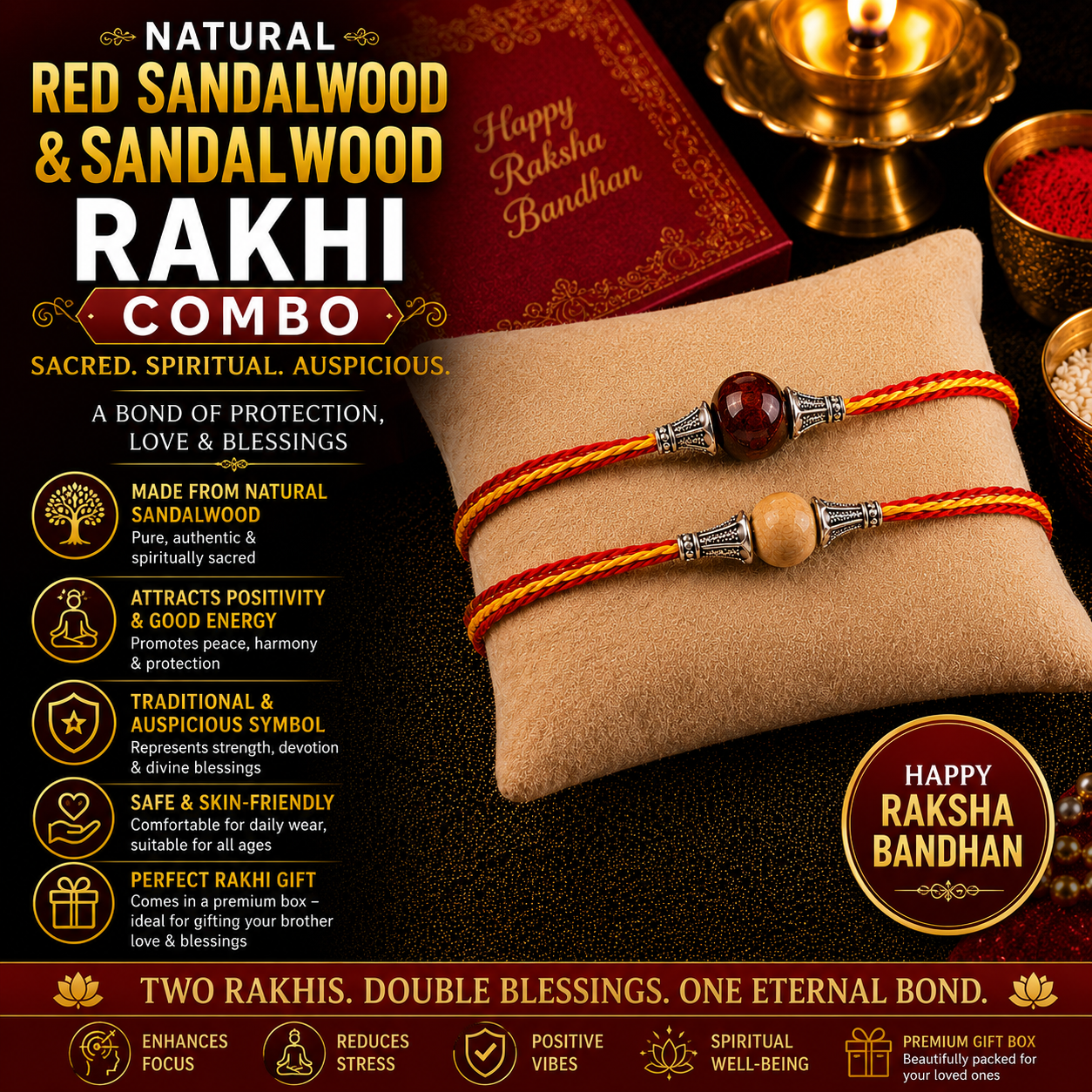 RDK Single Bead Red Sandalwood & Sandalwood Rakhi Combo for Brother (Set of 2)