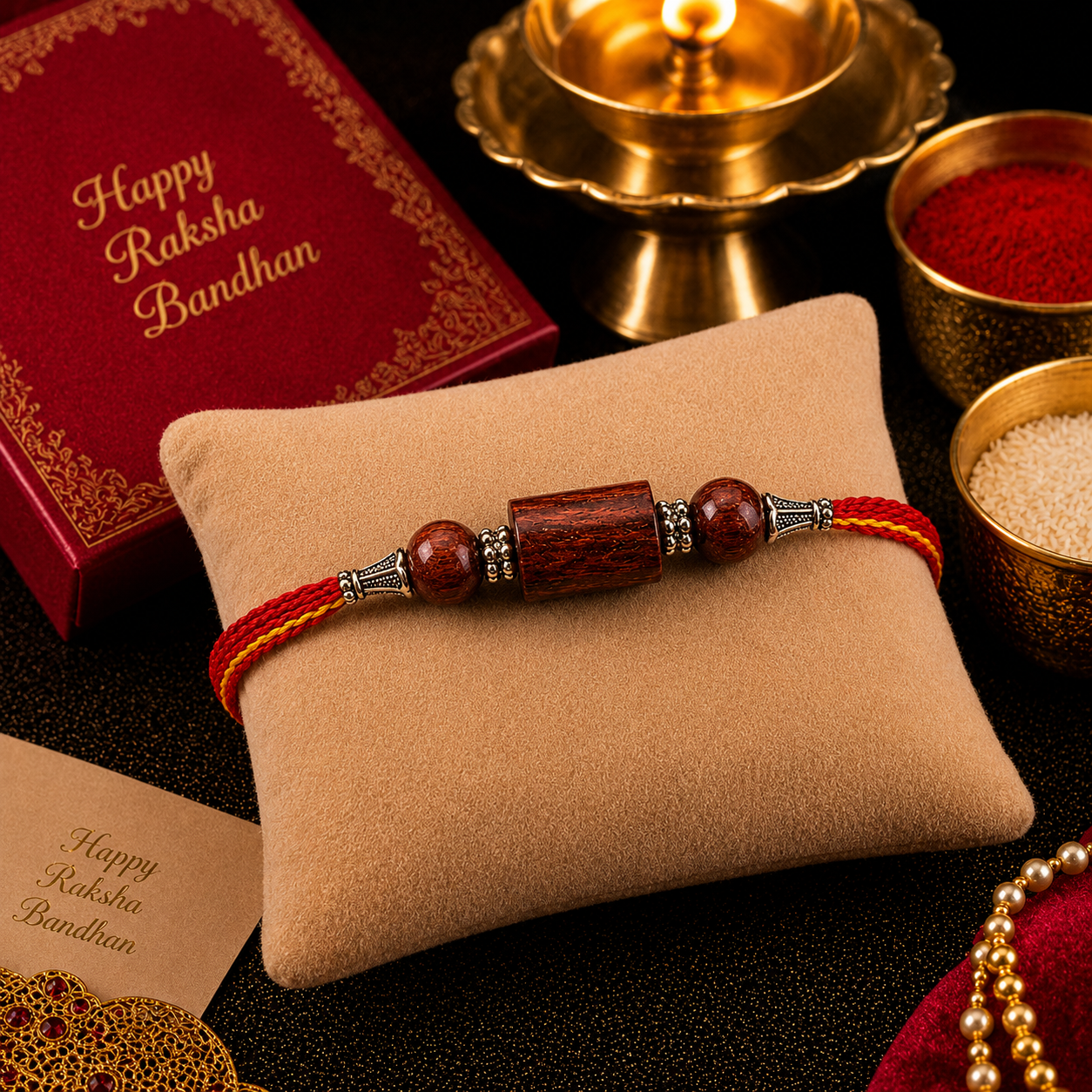 RDK Two Beads with Pipe Red Sandalwood Rakhi for Brother with Sacred Thread