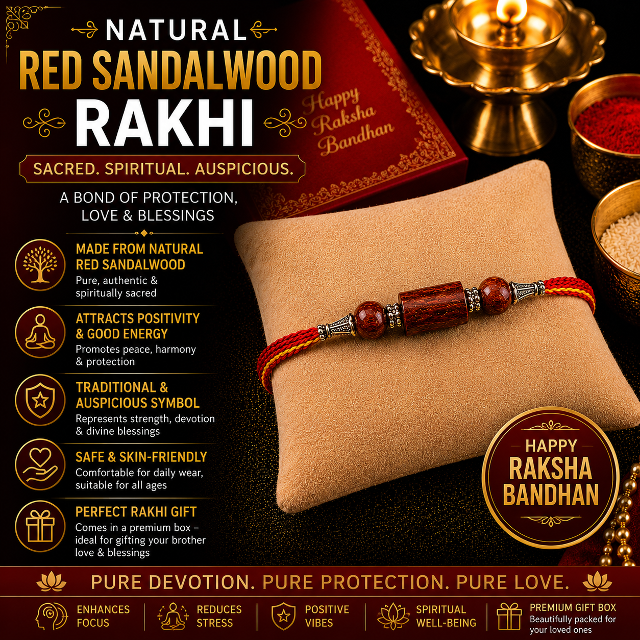 RDK Two Beads with Pipe Red Sandalwood Rakhi for Brother with Sacred Thread