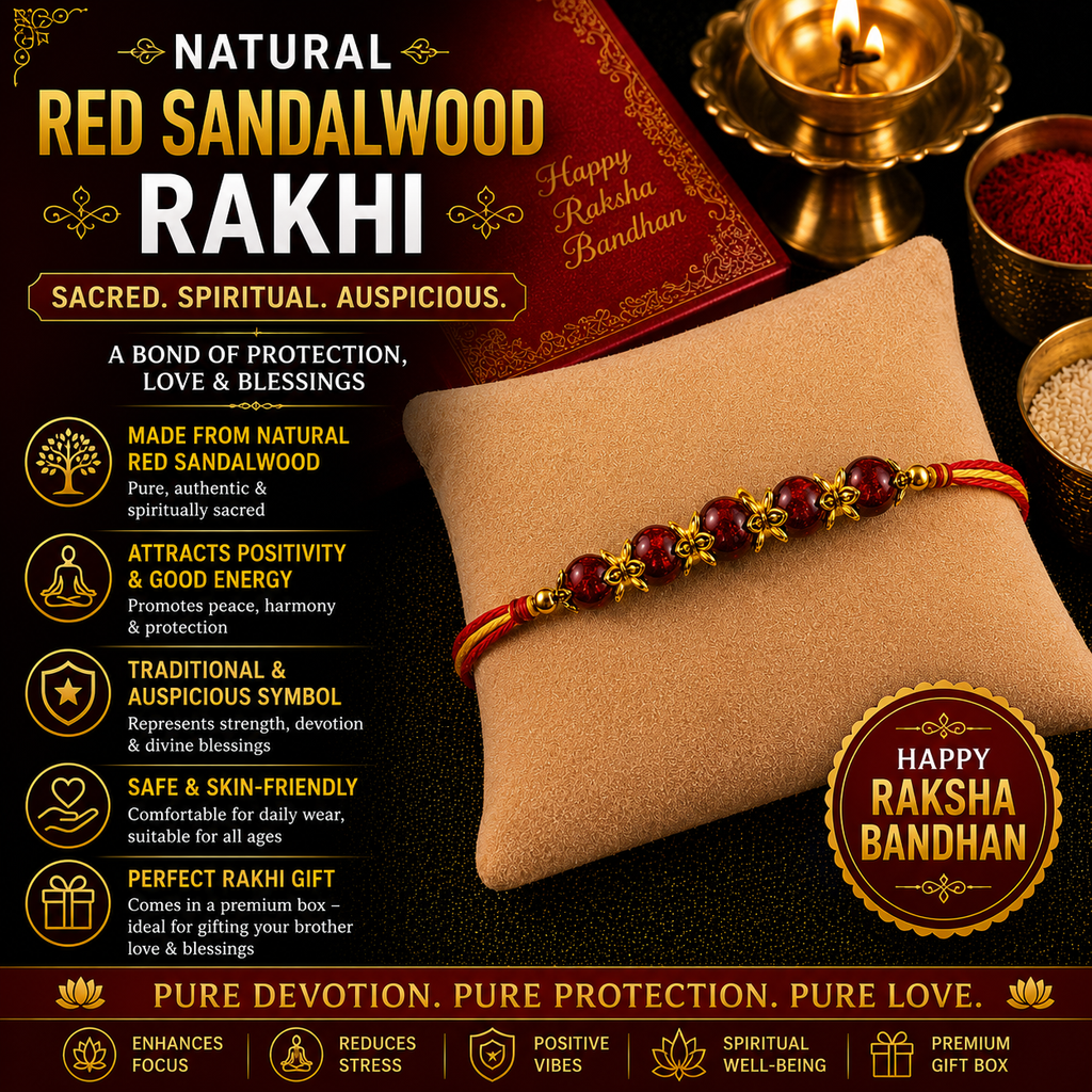 RDK Five Beads Red Sandalwood Rakhi for Brother with Sacred Thread