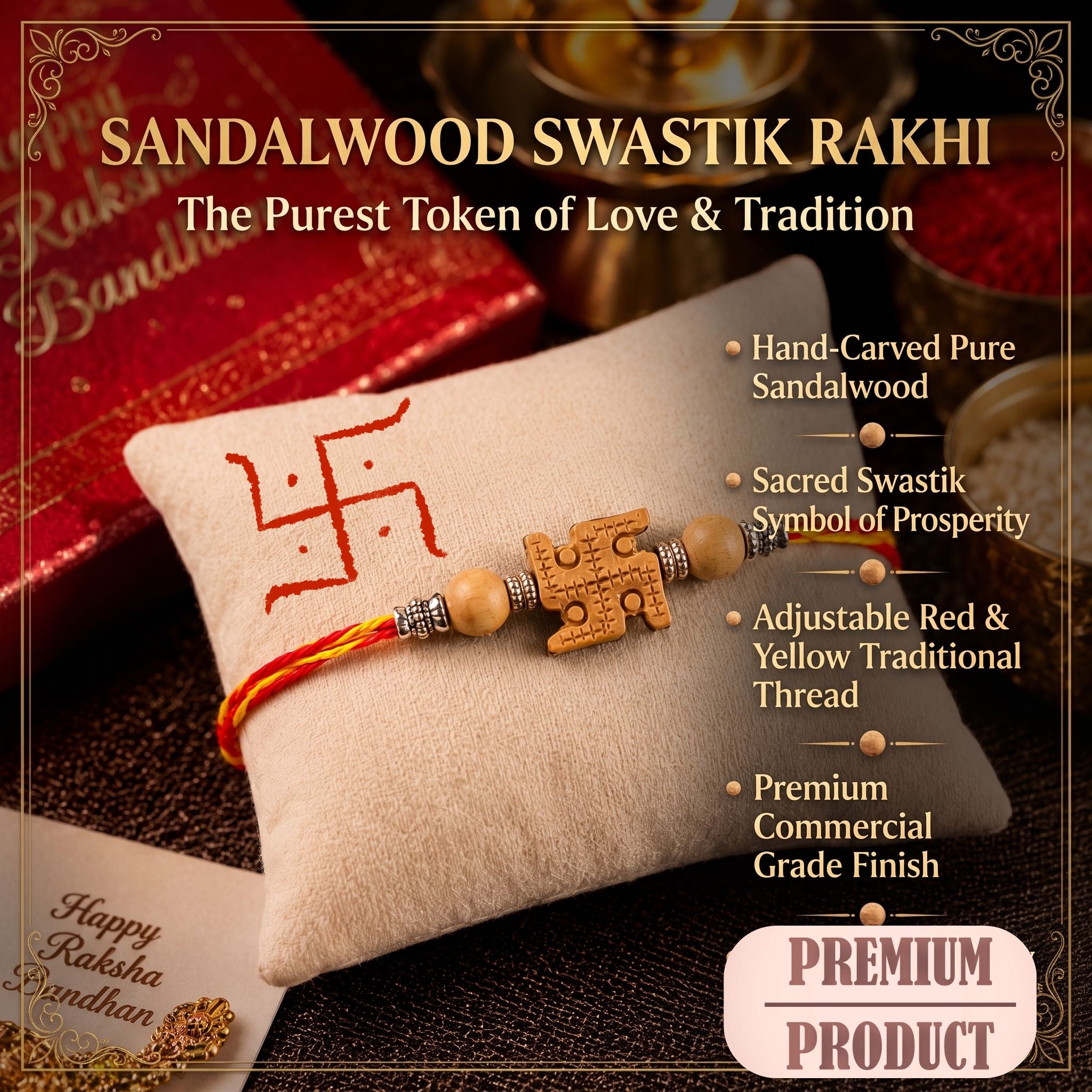 RDK Safed Chandan (Sandalwood) Swastik Rakhi for Brother with Sacred Thread